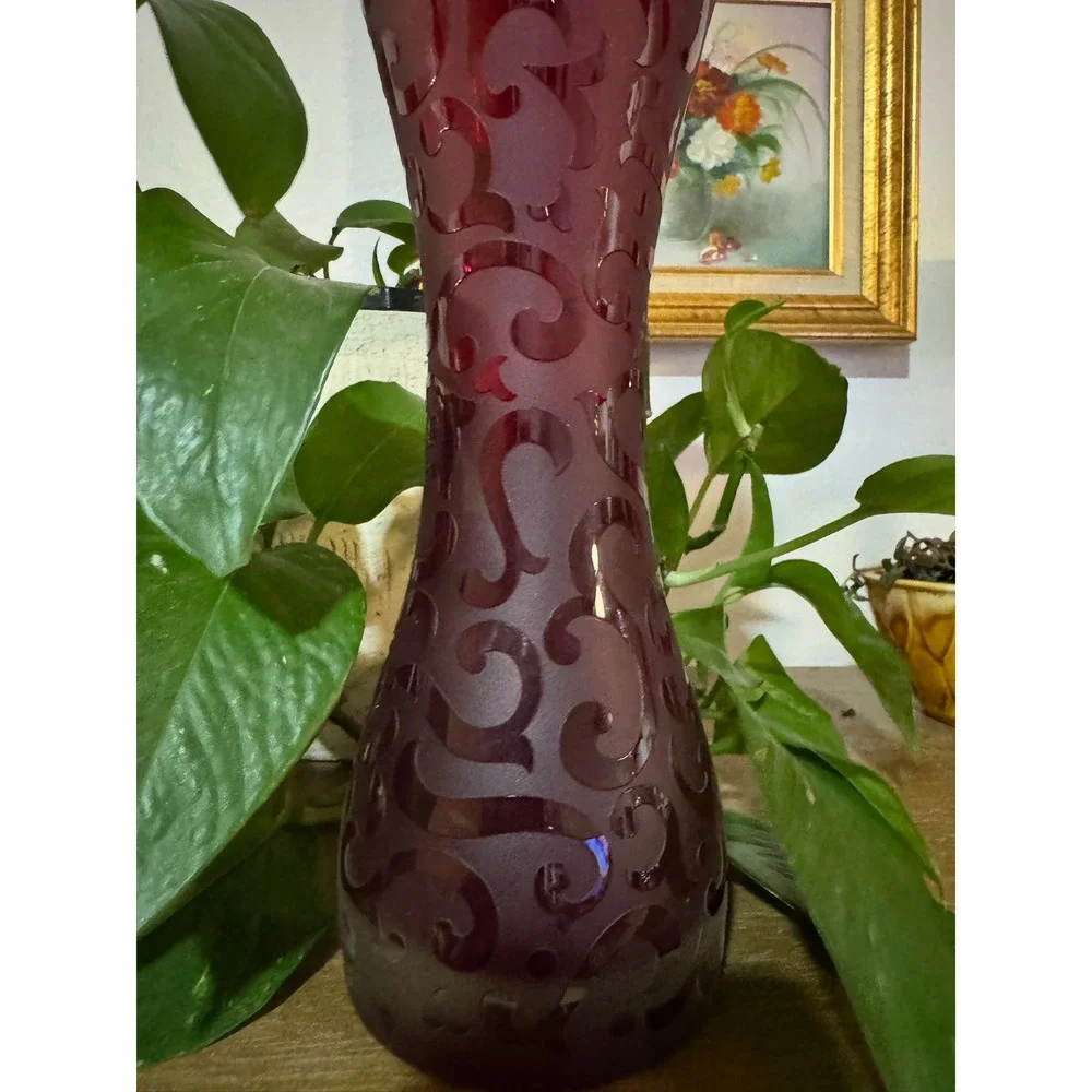 Vintage Cased‎ Ruby Red Frosted Glass Art Glass Vase - Tall Christmas